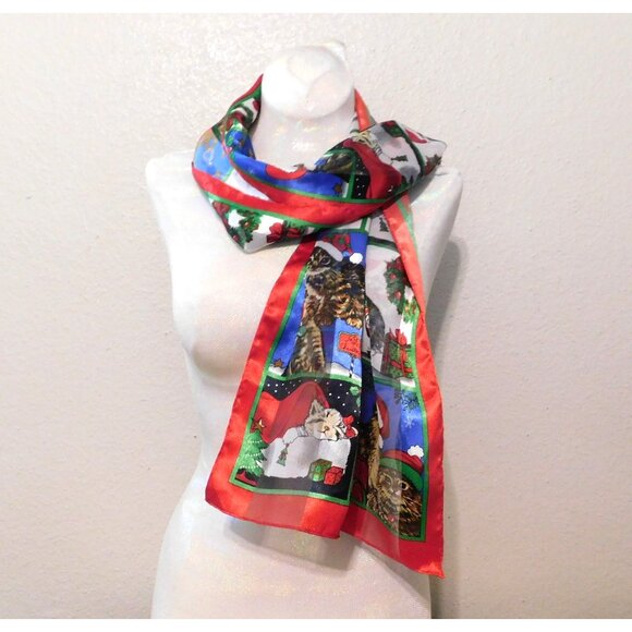 Christmas Cat Scarf 14" X 59" Festive Red Multicolor Polyester Rectangular - Picture 1 of 10